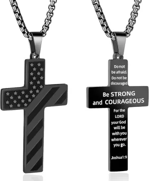 American Flag Cross Necklace for Men.Father's Day Cross Necklace Gifts for Husband Dad Grandpa Son.Graduation Birthday Gifts.Stainless Steel Bible Verse Flag Pendant Necklaces