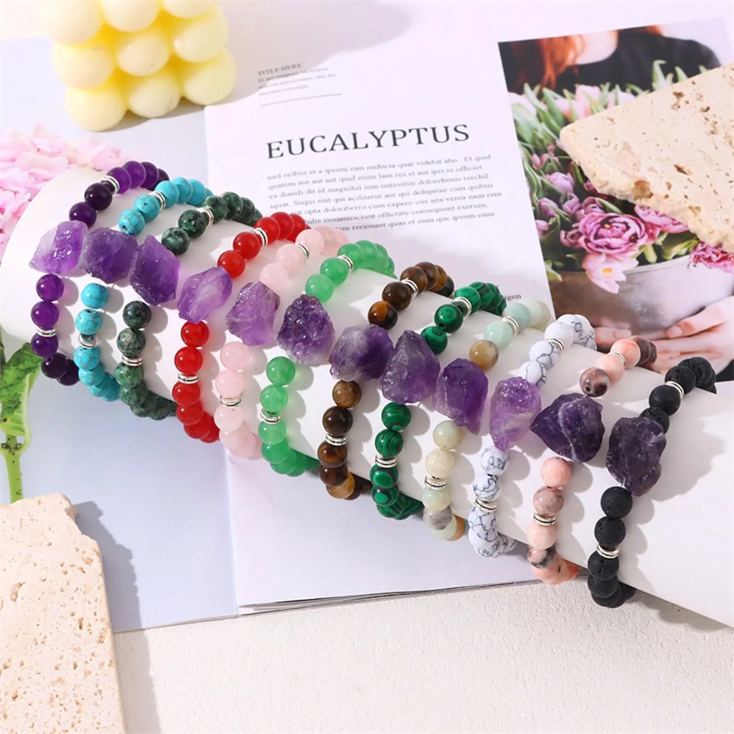 Amethyst Crystal Beaded Bracelet for Women Natural Stone Chakra Bracelets Crystal Healing Chip Stretch Bracelets Reiki Energy Quartz Bracelet Handmade Round Stone Beads Bracelet Jewelry