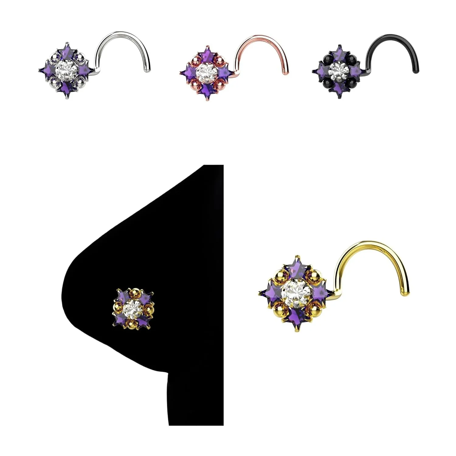 Amethyst CZ Stone Star Flower Nose Ring Dainty Nose Studs L-Shaped Nose Stud Ring