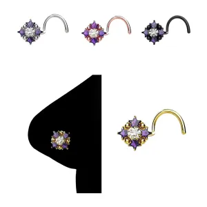 Amethyst CZ Stone Star Flower Nose Ring Dainty Nose Studs L-Shaped Nose Stud Ring