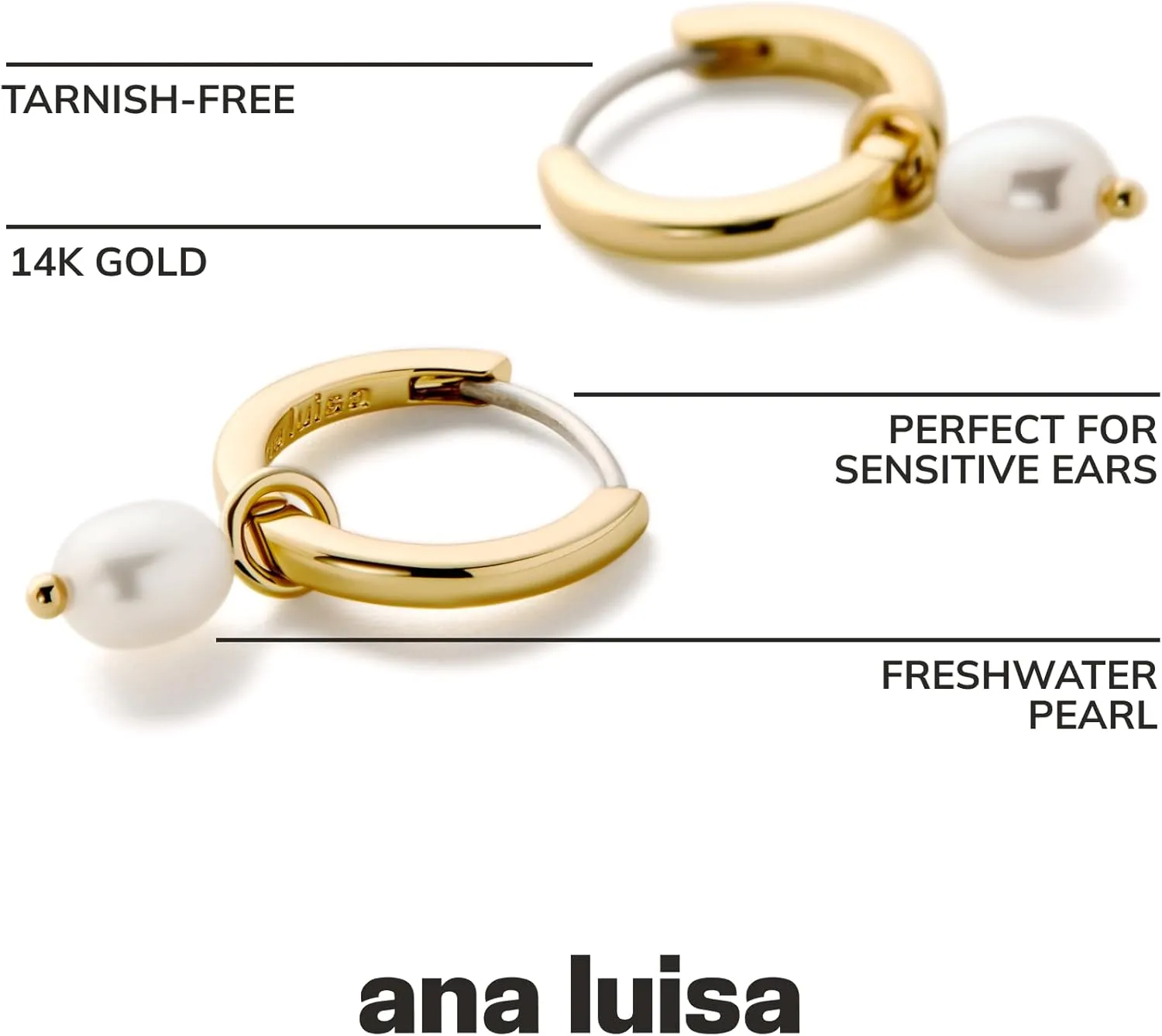 Ana Luisa Frida Pearl Jewelry Huggie Hoops - Medium & Small 14K Gold Plated & Silver Rhodium Plated Drop Hoop Earrings with Freshwater Pearls - 2-in-1 Hypoallergenic Water-Resistant, Tarnish-Free Hoop
