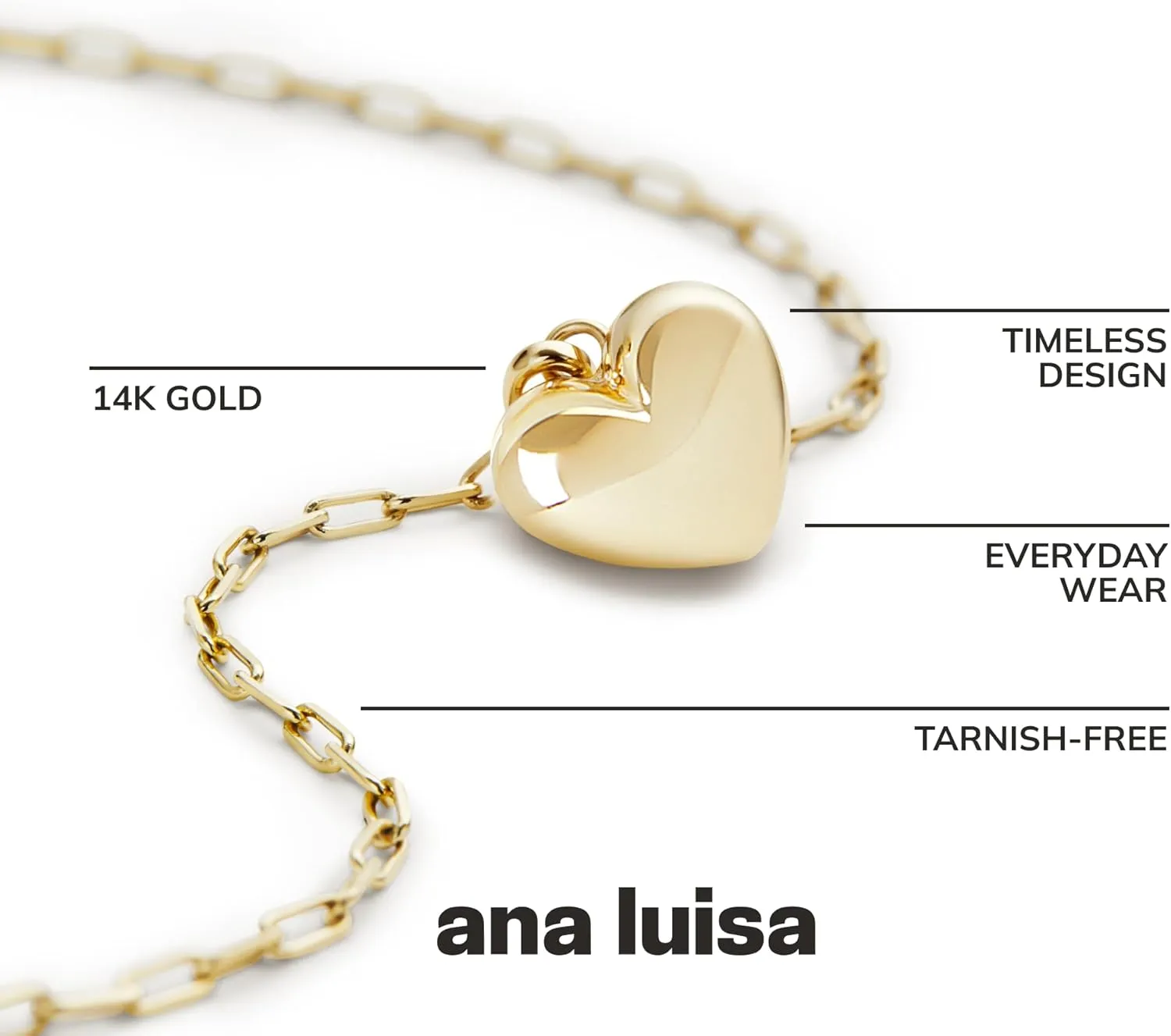 Ana Luisa Lev Puffed Heart Necklace for Women - Paperclip Chain w/ 14K Gold Plated & Silver Rhodium Plated Small Heart Necklace Gold Pendant - Hypoallergenic, Water-Resistant, Tarnish-Free Jewelry