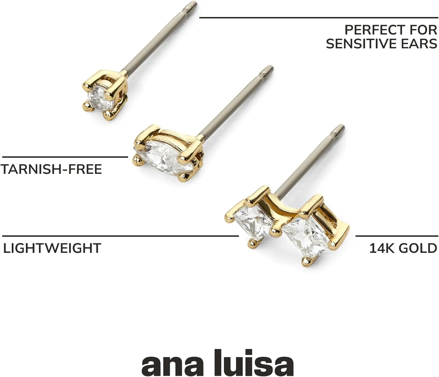 Ana Luisa Stud Earrings for Women Trendy - 14K Gold Plated and Silver Rhodium Plated Earring Studs - X Studs, Bow & Cubic Zirconia Styles - Hypoallergenic Water-Resistant Tarnish-Free Dainty Earrings