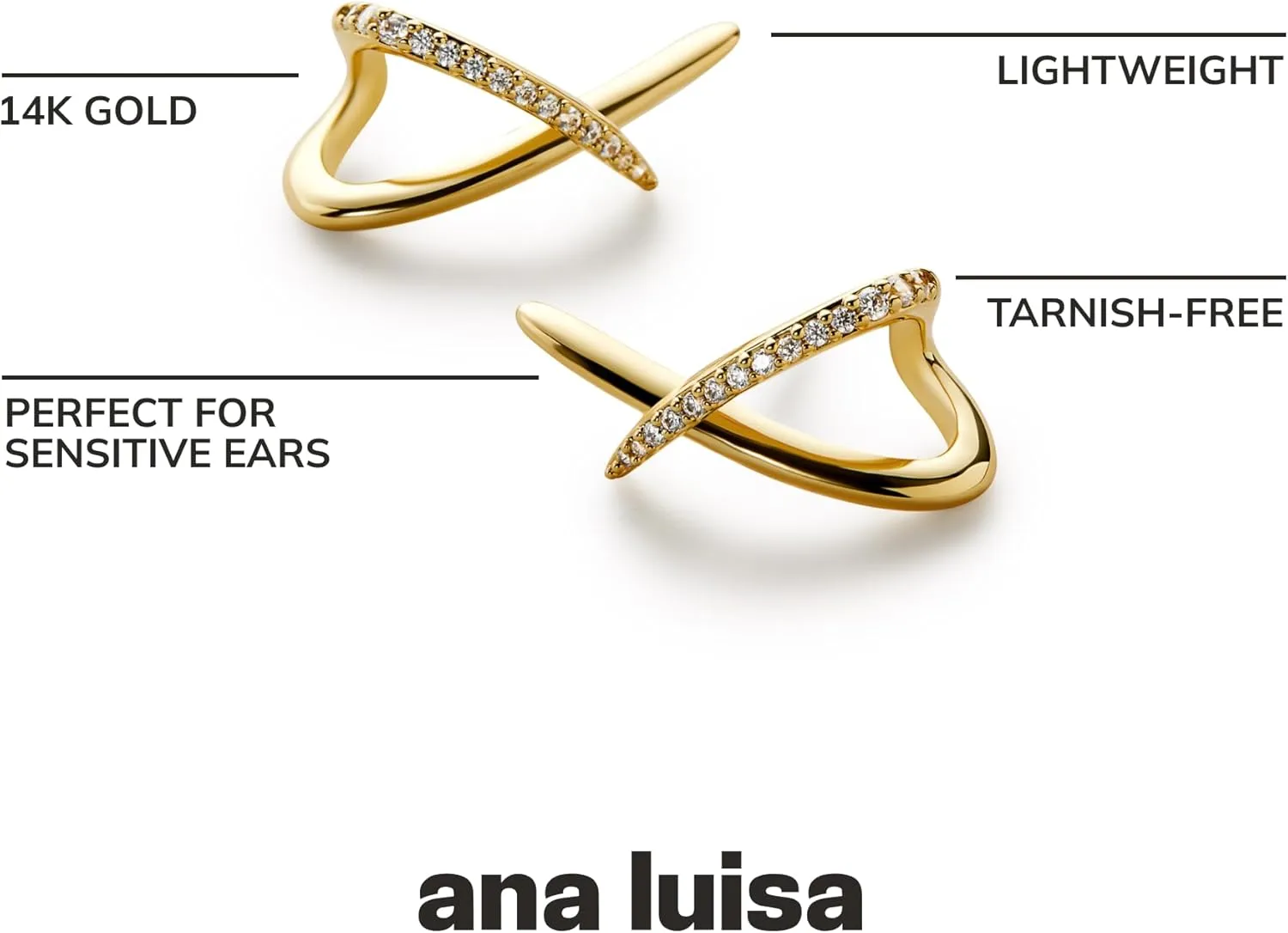 Ana Luisa Stud Earrings for Women Trendy - 14K Gold Plated and Silver Rhodium Plated Earring Studs - X Studs, Bow & Cubic Zirconia Styles - Hypoallergenic Water-Resistant Tarnish-Free Dainty Earrings