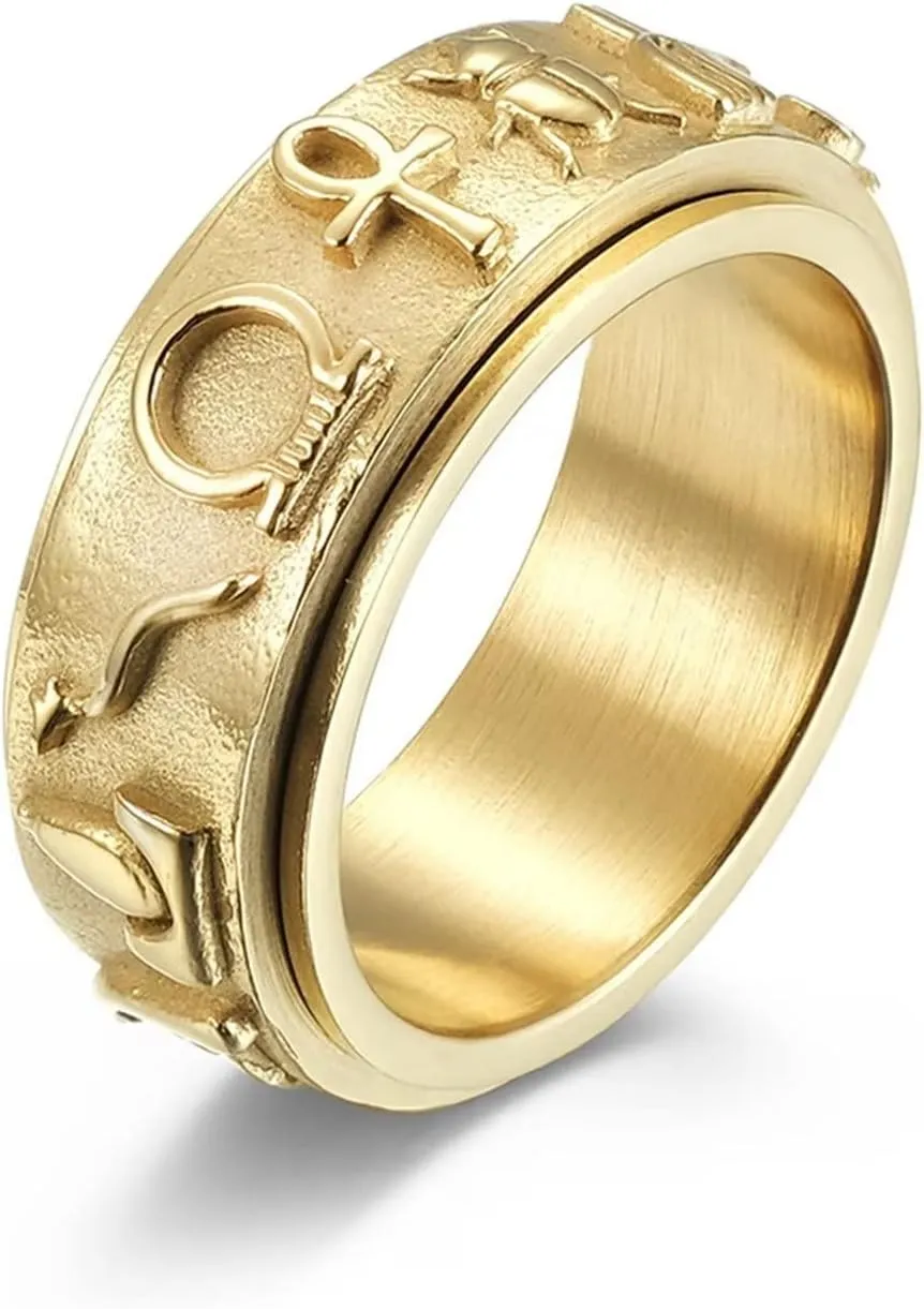 Ancient Egyptian Symbol Totem Spinner Rings Stainless Steel Fidget Anxiety Rotating Runes Ring Talisman Amulet Protection for Men Women Size 6-12,Silver Gold Black