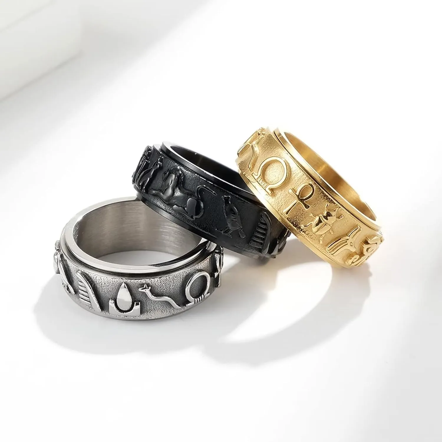 Ancient Egyptian Symbol Totem Spinner Rings Stainless Steel Fidget Anxiety Rotating Runes Ring Talisman Amulet Protection for Men Women Size 6-12,Silver Gold Black