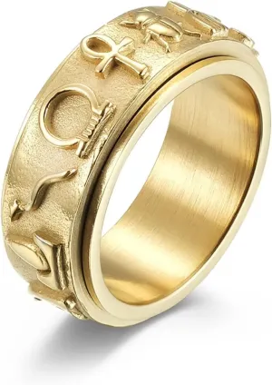 Ancient Egyptian Symbol Totem Spinner Rings Stainless Steel Fidget Anxiety Rotating Runes Ring Talisman Amulet Protection for Men Women Size 6-12,Silver Gold Black