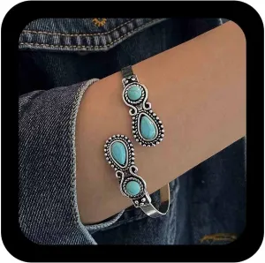 Andelaisi Boho Turquoise Bangle Bracelet Vintage Tribal Turquoise Cuff Bracelet Silver Stone Cuff Open Wrap Adjustable Hand Stackable Bangles Jewelry for Women