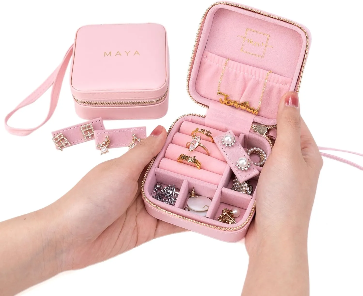 Angelina's Palace Personalized Jewelry Case with Name Engraved,Custom Leather Travel Jewelry Organizer Box for Rings,Earrings,Necklaces,Birthday Bridesmaid Gift For Women Girls