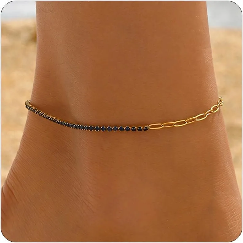 Anklet Bracelets for Women 18K Gold Plated Tennis Anklets Dainty Sapphire Paperclip Pearl Sequin Droplet Adjustable Large Anklet Bracelets Simple Beach Summer Waterproof Foot Jewelry