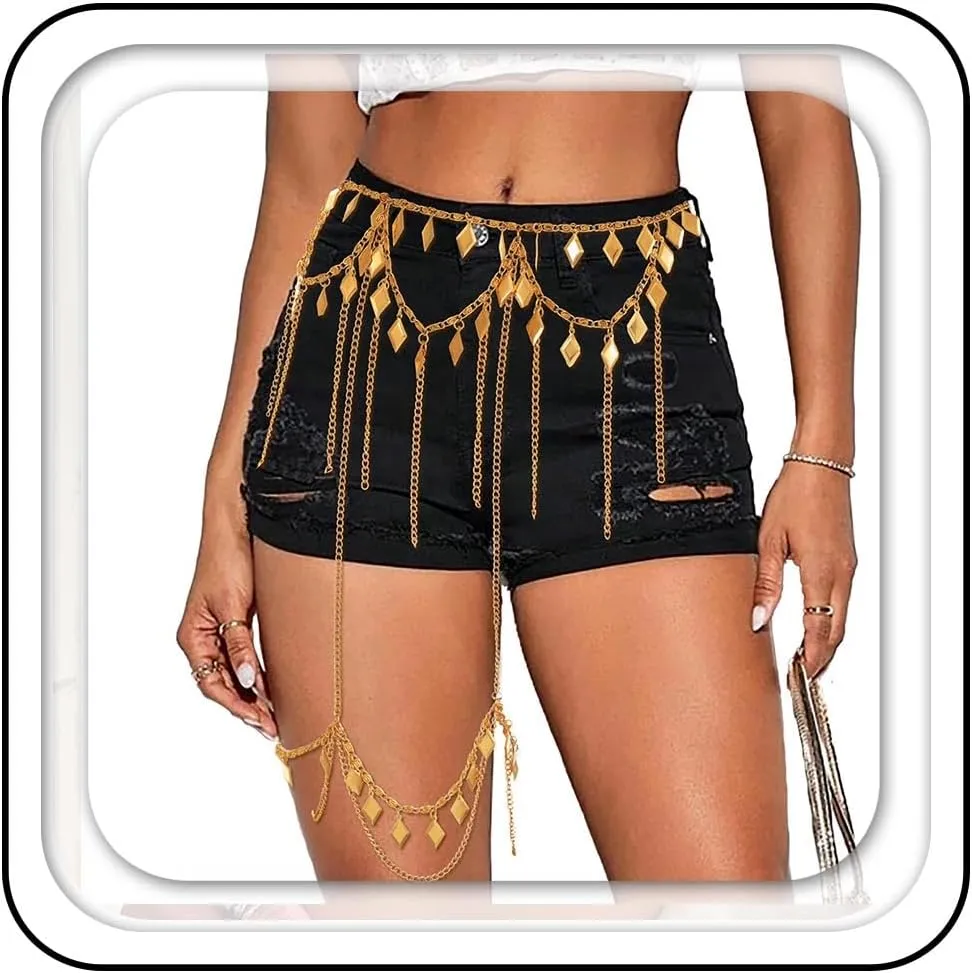Asooll Boho Tassels Waist Chain Gold Sequin Thigh Chains Party Club Dance Body Accessories for Women and Girls