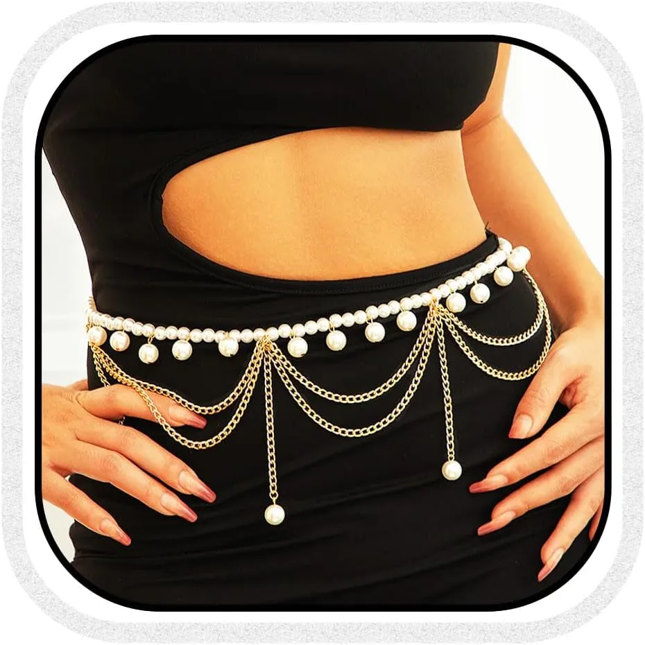 Asooll Pearl Waist Chain Gold Layered Belly Body Chains Belt Bikini Beach Party Waist Jewelry for Women and Girls
