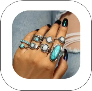 Asphinien 8 Pcs Bohemian Joint Knuckle Rings Set Oval Turquoise Finger Ring Opal Gemstone Teardrop Midi Rings Punk Leaf Index Ring for Women
