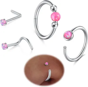 AVYRING Opal Nose Rings Hoops Set - 18g & 20g Nose Piercing Jewelry Surgical Steel Silver Nose Studs L Shaped Screw White Opal