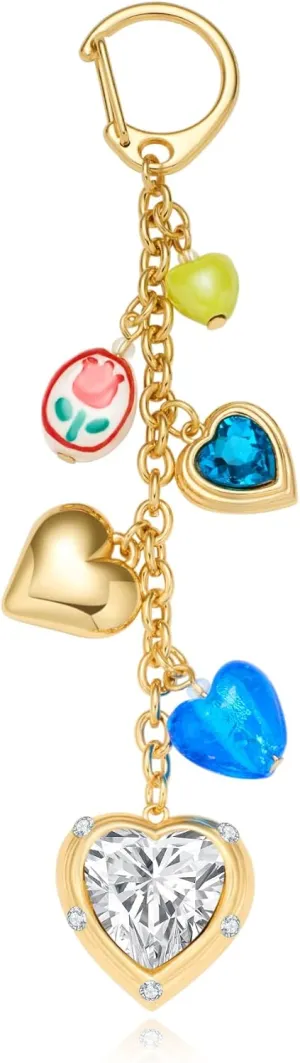 Bag Charms for Women - 8 Ball, Dual Bowknot, Blue Seashell Conch, Gold Heart Keychain Handbag Bag Charm Gifts