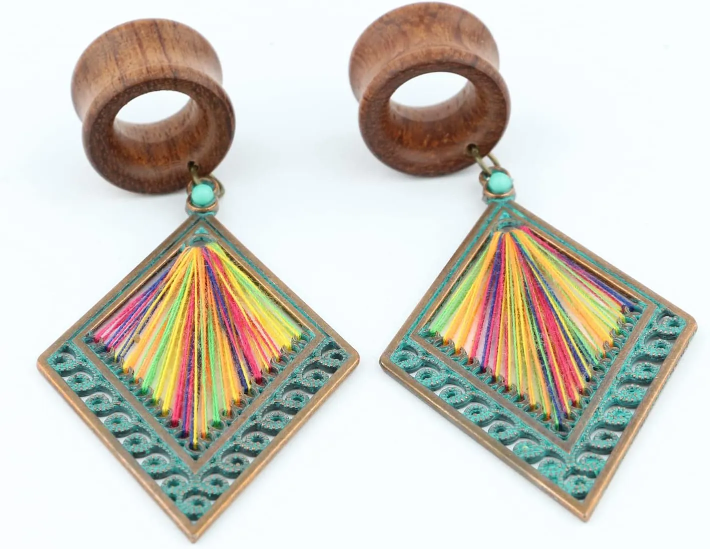 Balala 8mm-22mm Verdigris Antique Brass Rhombus Dangle Wood Ear Gauges Piercing Flesh Tunnels Plugs Statement Earrings