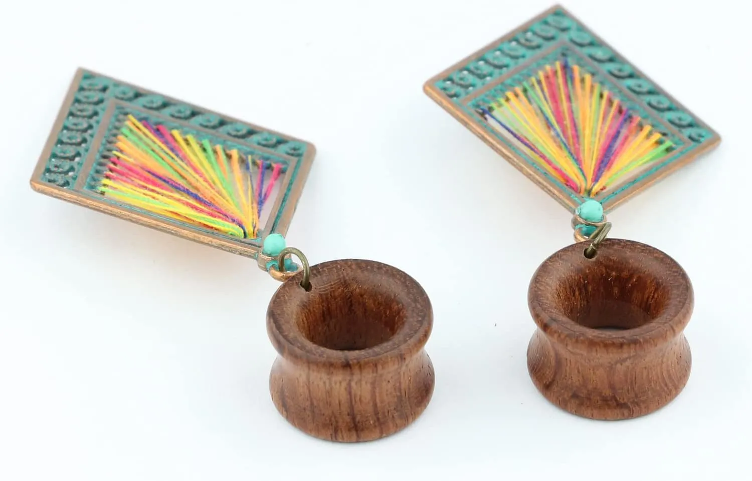 Balala 8mm-22mm Verdigris Antique Brass Rhombus Dangle Wood Ear Gauges Piercing Flesh Tunnels Plugs Statement Earrings