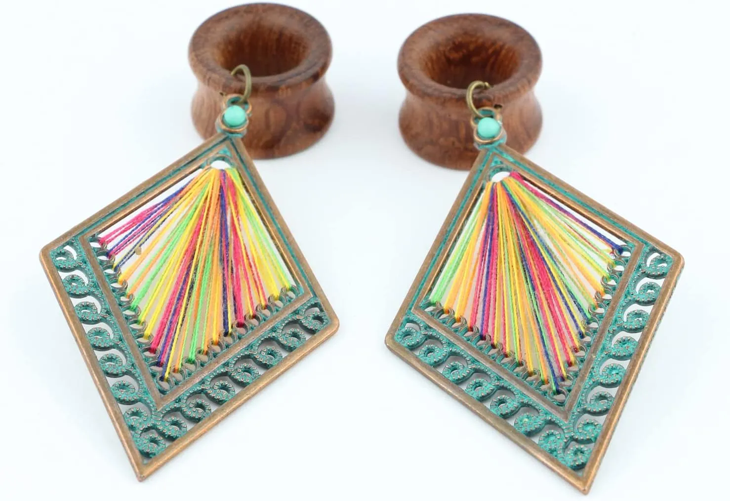 Balala 8mm-22mm Verdigris Antique Brass Rhombus Dangle Wood Ear Gauges Piercing Flesh Tunnels Plugs Statement Earrings