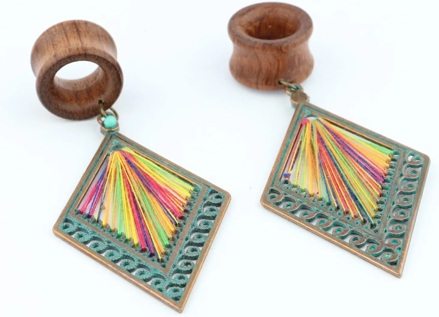 Balala 8mm-22mm Verdigris Antique Brass Rhombus Dangle Wood Ear Gauges Piercing Flesh Tunnels Plugs Statement Earrings