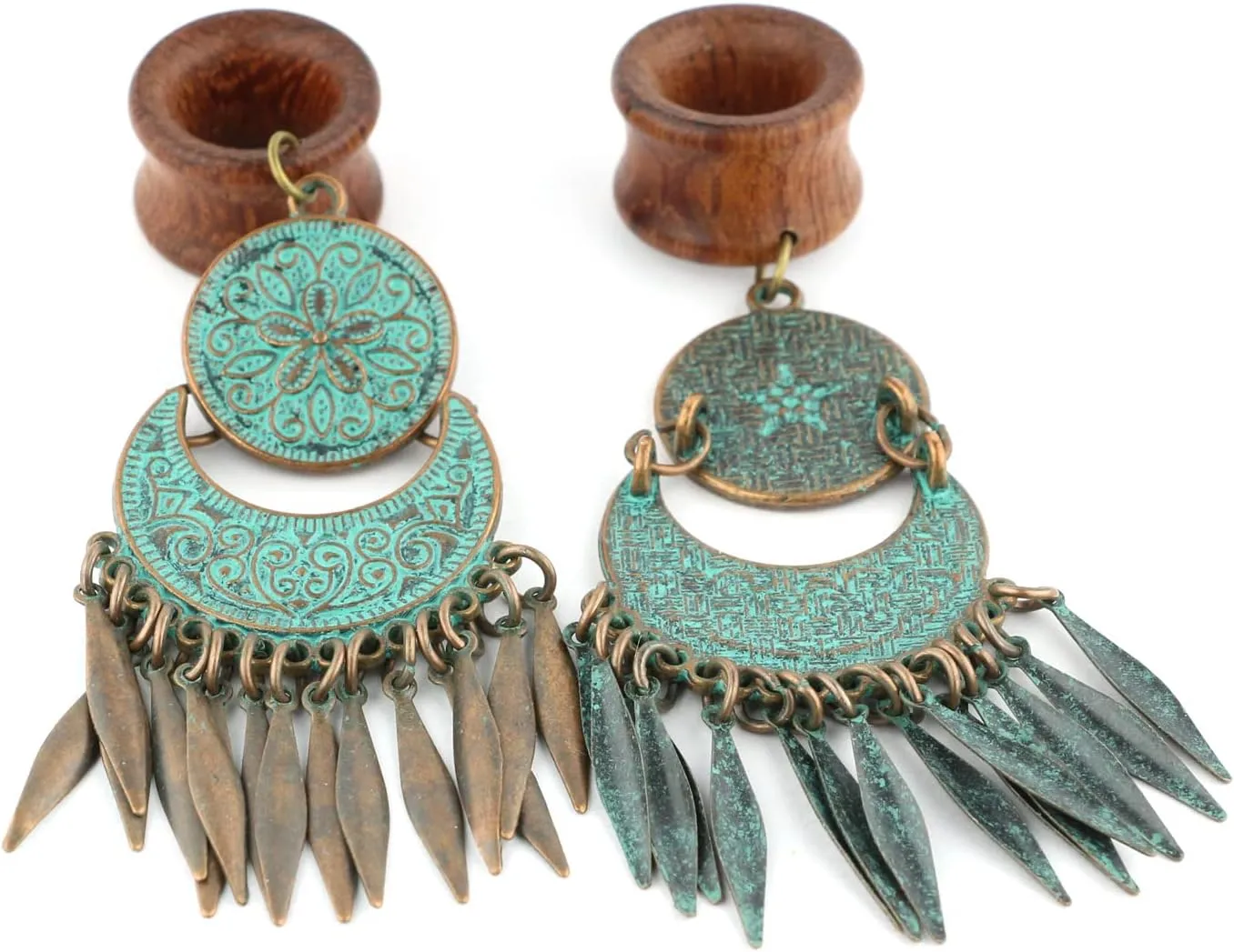 Balala 8mm-22mm Verdigris Patina Brass Wood Dangle Ear Gauges Piercing Flesh Tunnels Plugs Statement Earrings