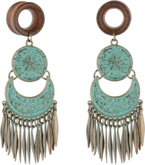 Balala 8mm-22mm Verdigris Patina Brass Wood Dangle Ear Gauges Piercing Flesh Tunnels Plugs Statement Earrings