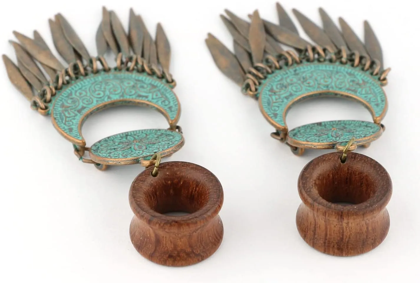 Balala 8mm-22mm Verdigris Patina Brass Wood Dangle Ear Gauges Piercing Flesh Tunnels Plugs Statement Earrings