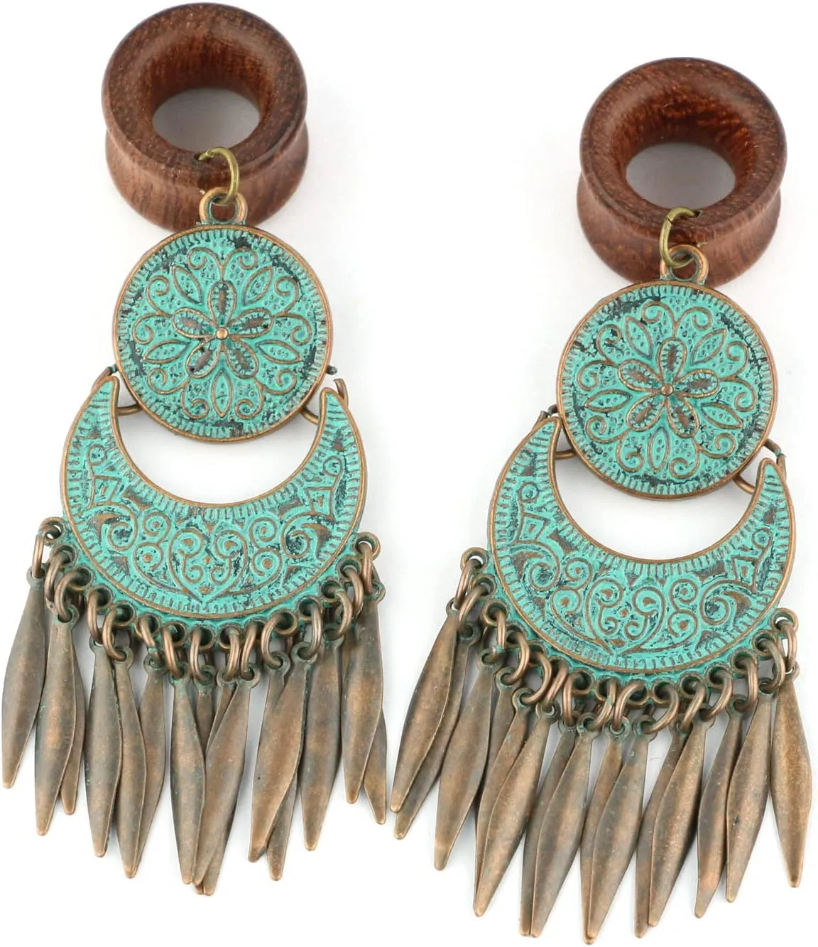 Balala 8mm-22mm Verdigris Patina Brass Wood Dangle Ear Gauges Piercing Flesh Tunnels Plugs Statement Earrings