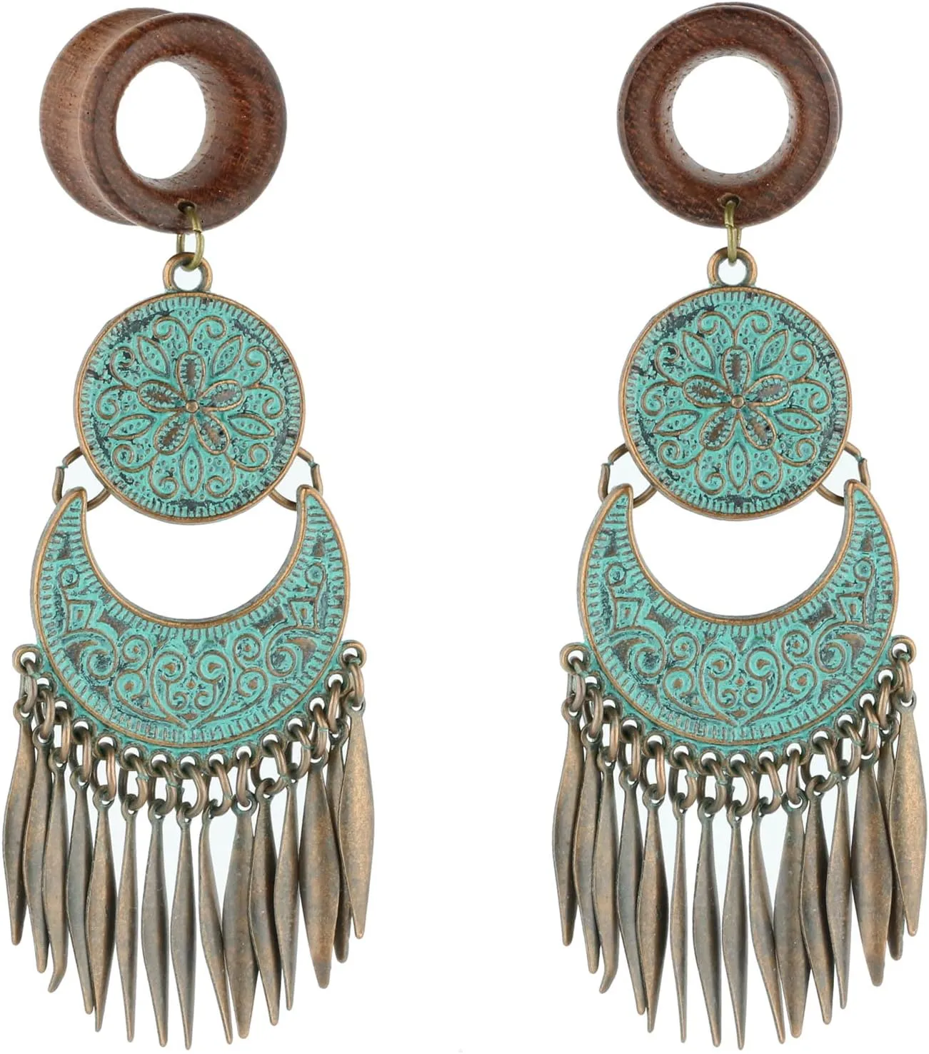 Balala 8mm-22mm Verdigris Patina Brass Wood Dangle Ear Gauges Piercing Flesh Tunnels Plugs Statement Earrings
