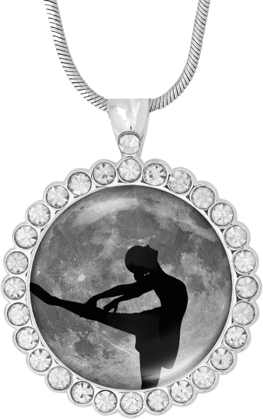 Ballerina Dreamer Round Glow in the Dark Rhinestone Pendant on Chain/Necklace/Ballet Jewelry