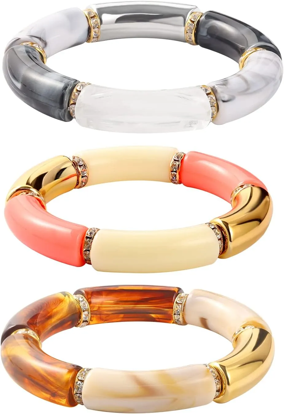 Bamboo Tube Bracelet Chunky Bangle Gold Stacking Bangles Acrylic Clear Stretchable Colorful Beads Friendship Bracelets Gift For Women (black ang white)