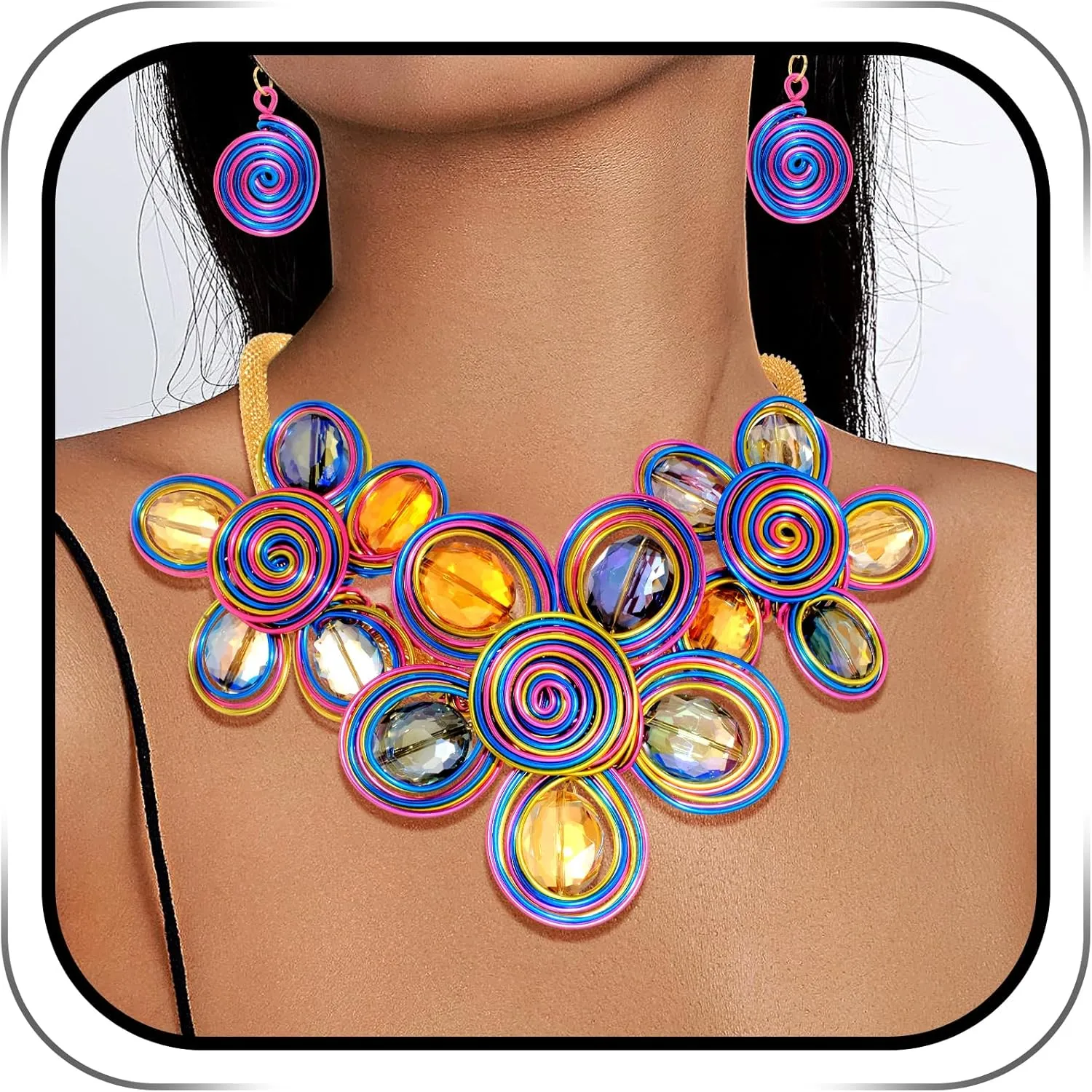 Barode Statement Choker Necklaces Earrings African Colorful Flower Collar Floral Ethnic Costume Jewelry Set for Women