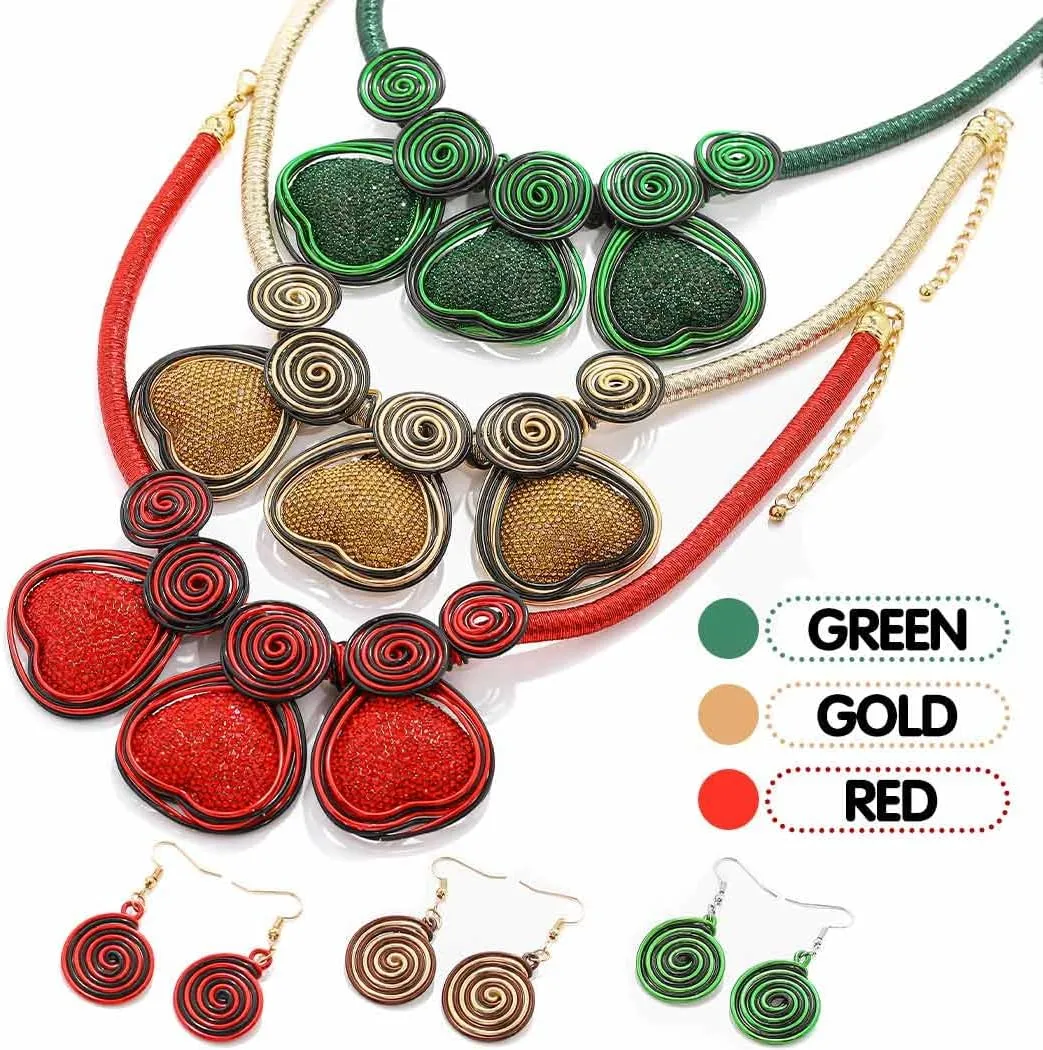Barode Statement Choker Necklaces Earrings Red Heart African Chunky Collar Ethnic Costume Jewelry Set for Women
