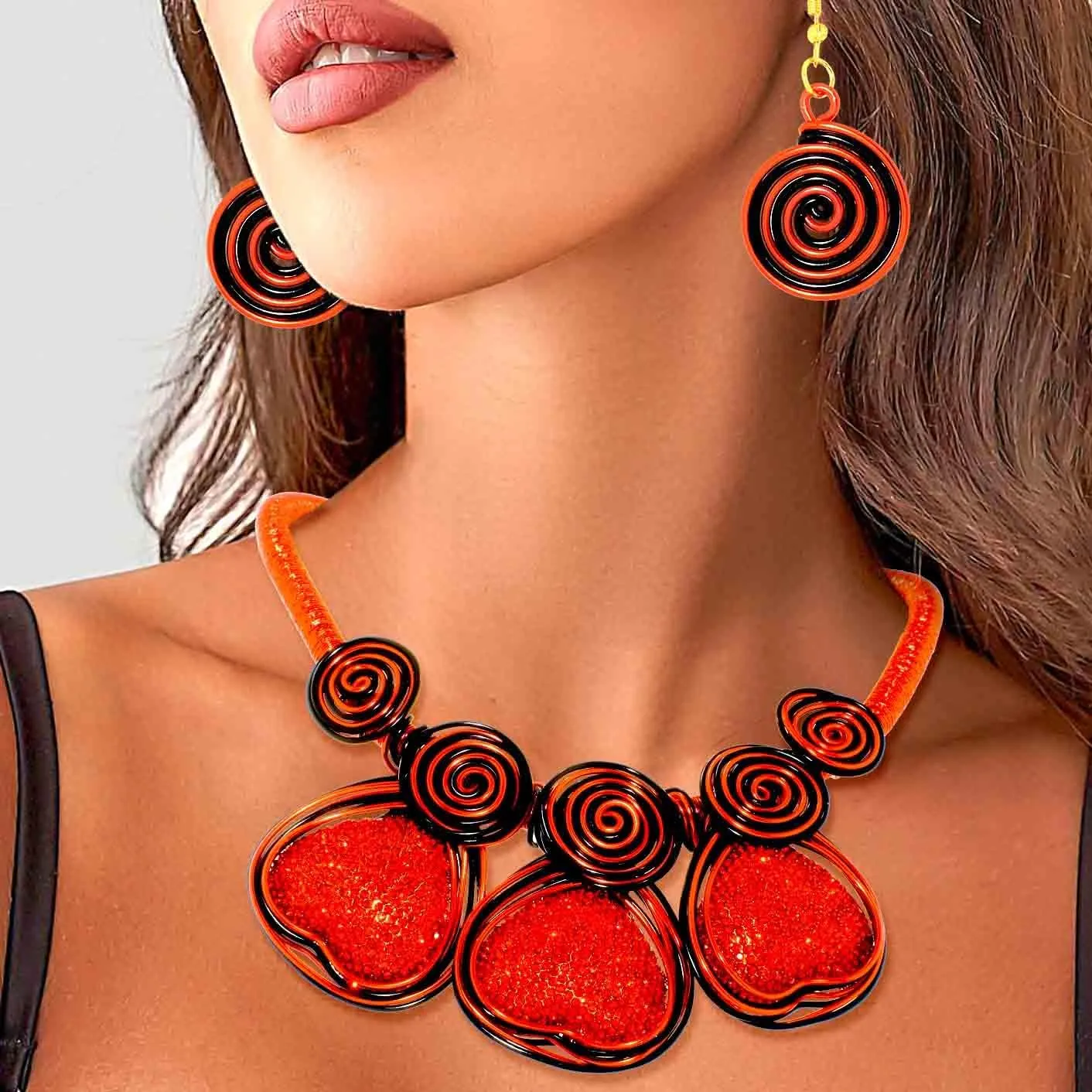 Barode Statement Choker Necklaces Earrings Red Heart African Chunky Collar Ethnic Costume Jewelry Set for Women