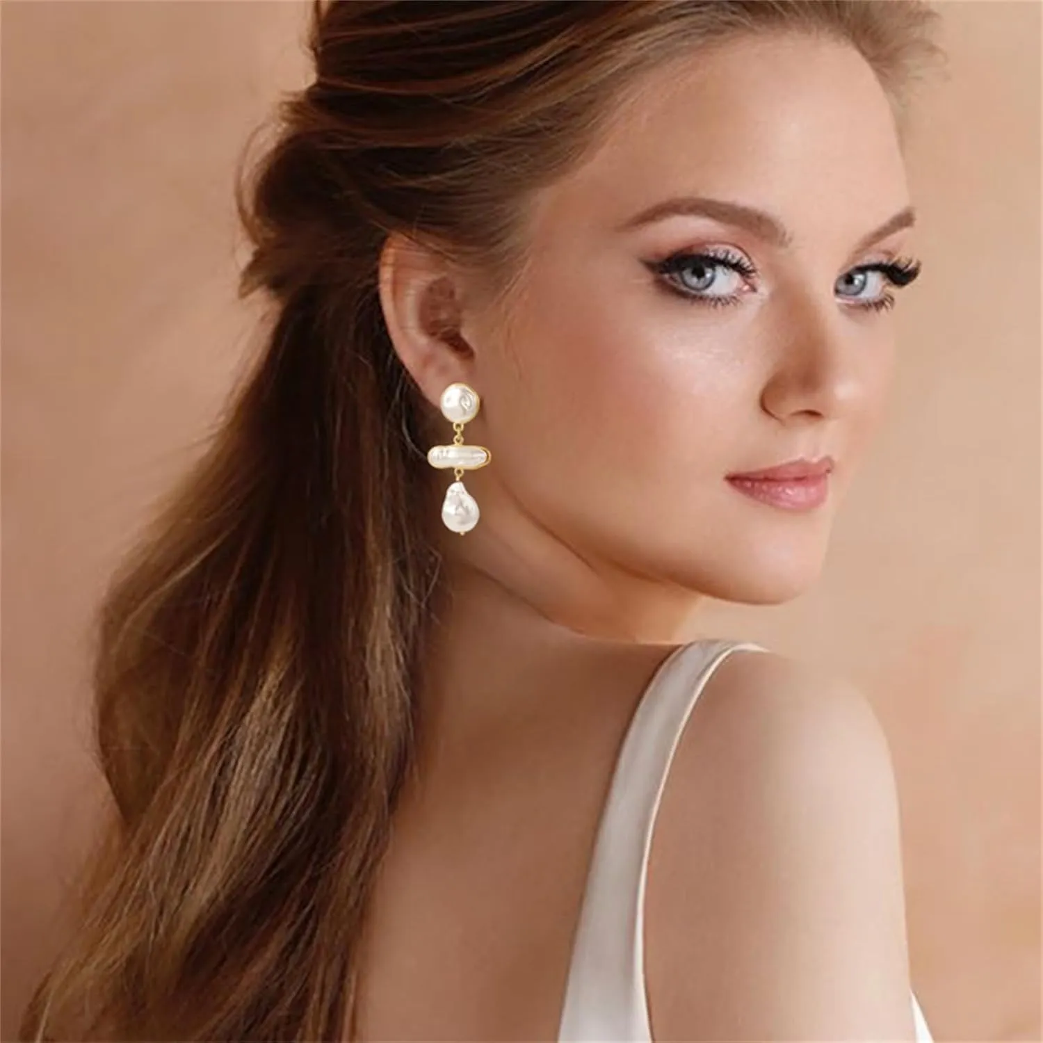 Baroque Pearl Drop Earrings Gold Statement Teardrop Pearls Dangle Earrings Lightweight Elegant Baroque White Pearl Dangle Drop Earrings Fashion Bridal Wedding Pearl Earrings Gift