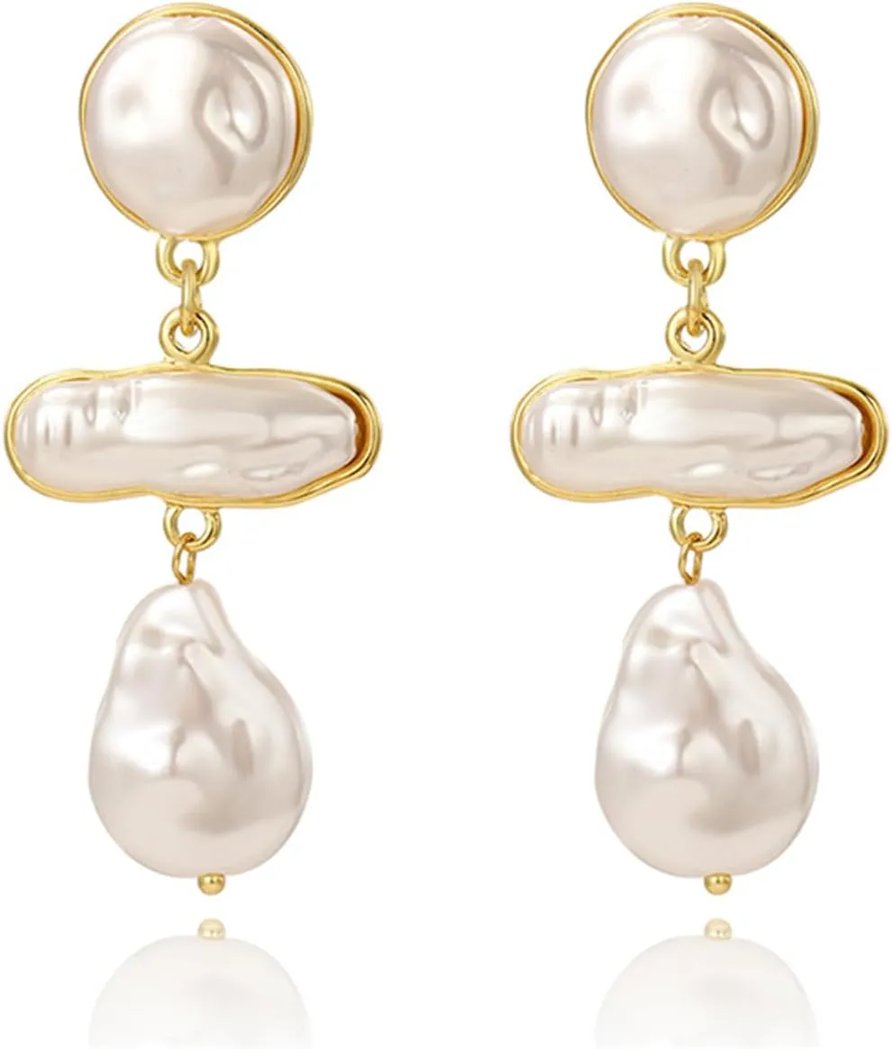 Baroque Pearl Drop Earrings Gold Statement Teardrop Pearls Dangle Earrings Lightweight Elegant Baroque White Pearl Dangle Drop Earrings Fashion Bridal Wedding Pearl Earrings Gift