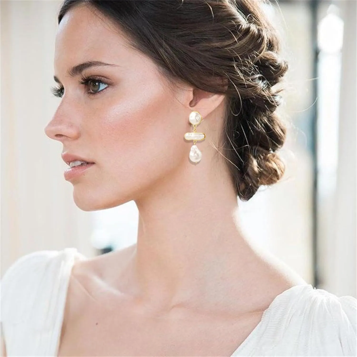 Baroque Pearl Drop Earrings Gold Statement Teardrop Pearls Dangle Earrings Lightweight Elegant Baroque White Pearl Dangle Drop Earrings Fashion Bridal Wedding Pearl Earrings Gift