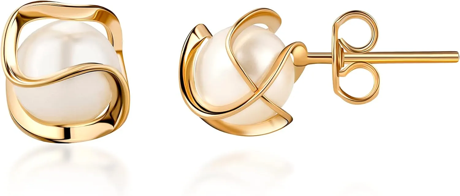 Barzel 18K Gold Plated Caged Pearl Stud Earrings, 6MM - Made In Brazil