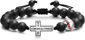 Baseball Basketball Soccer Bracelet Gifts for Men : I Can do All Things Through Christ Inspirational Cross Black Agate Beads Bracelet Jewelry Gifts Idea for Sports Player Son Grandson Team Boyfriend