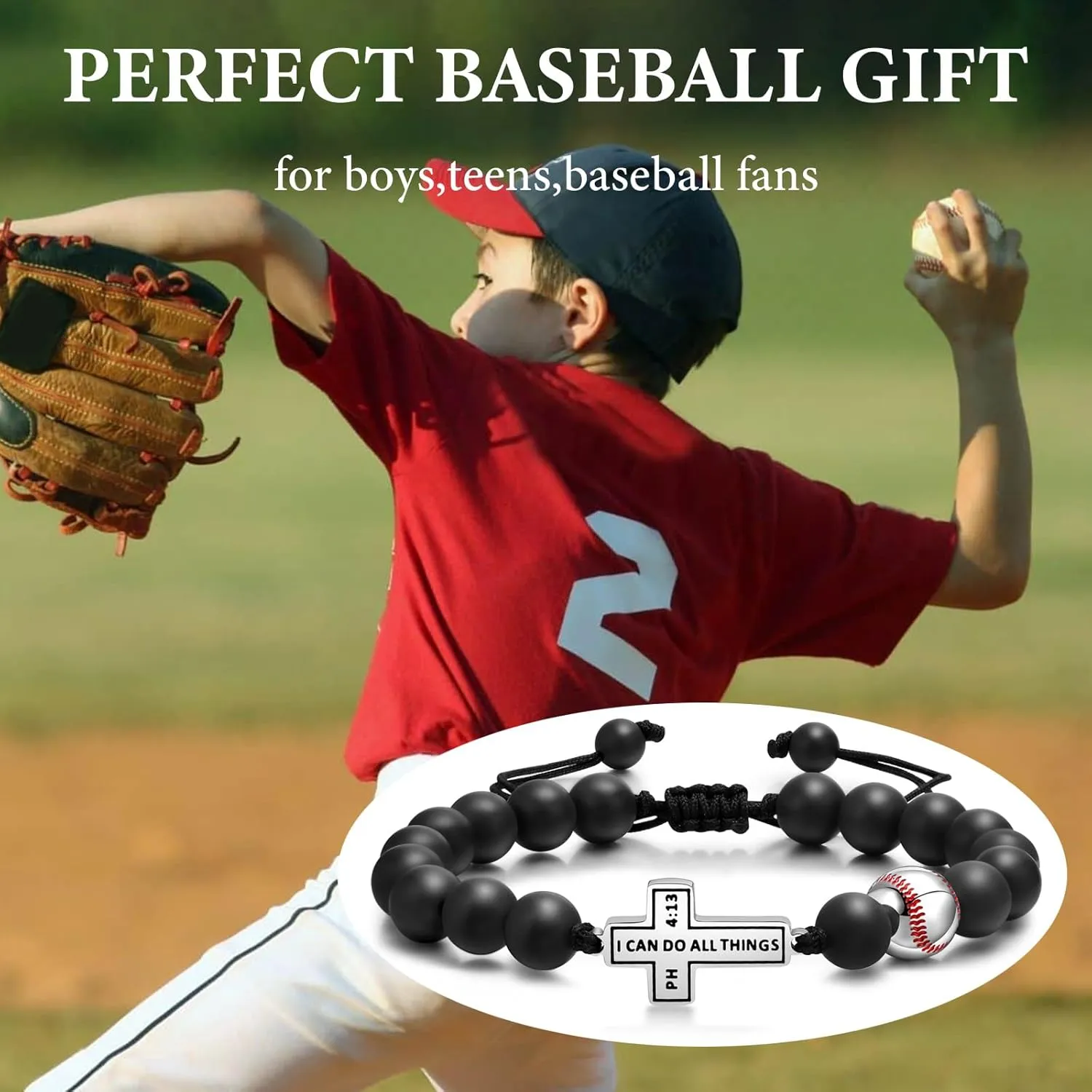Baseball Basketball Soccer Bracelet Gifts for Men : I Can do All Things Through Christ Inspirational Cross Black Agate Beads Bracelet Jewelry Gifts Idea for Sports Player Son Grandson Team Boyfriend