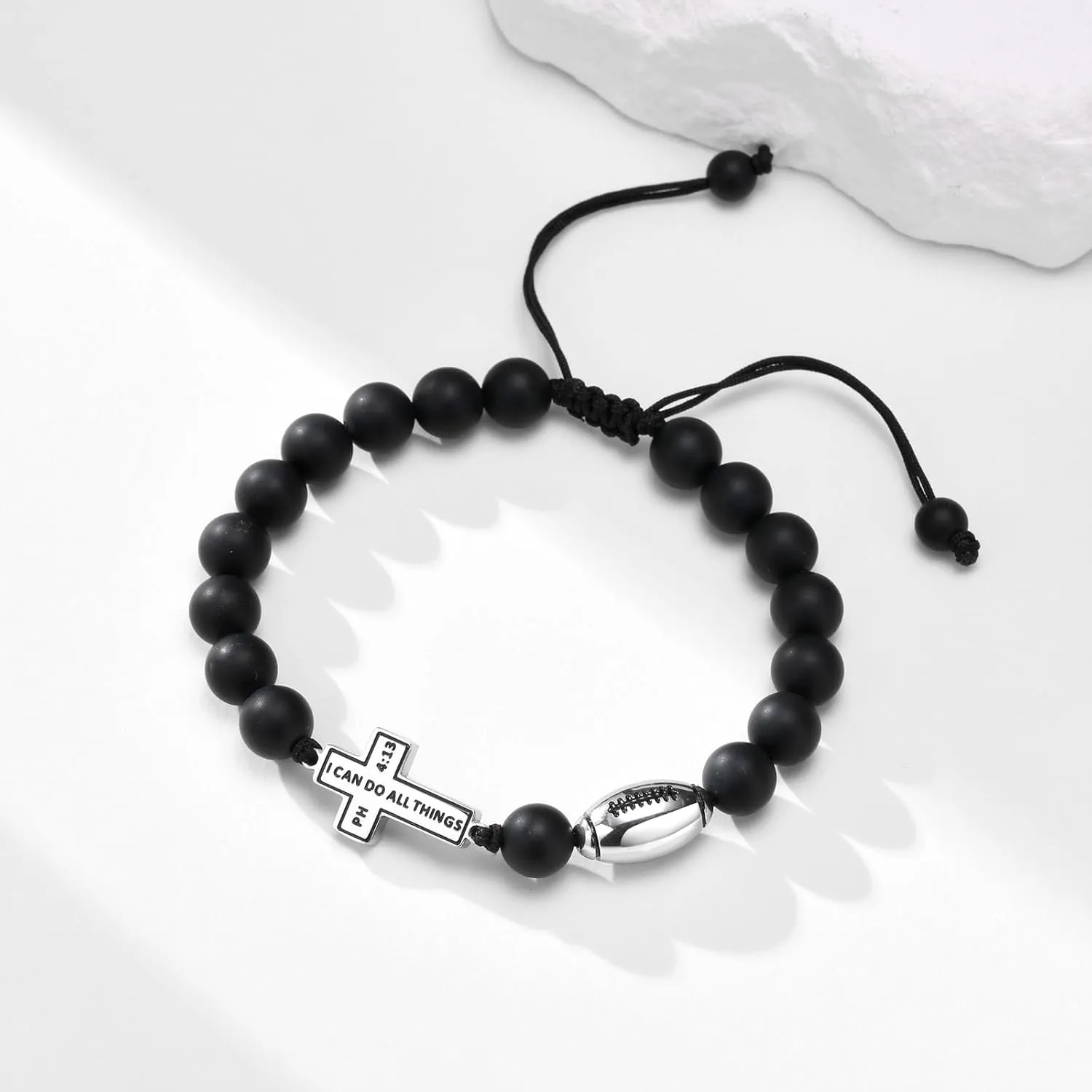 Baseball Basketball Soccer Bracelet Gifts for Men : I Can do All Things Through Christ Inspirational Cross Black Agate Beads Bracelet Jewelry Gifts Idea for Sports Player Son Grandson Team Boyfriend