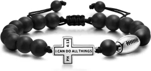 Baseball Basketball Soccer Bracelet Gifts for Men : I Can do All Things Through Christ Inspirational Cross Black Agate Beads Bracelet Jewelry Gifts Idea for Sports Player Son Grandson Team Boyfriend