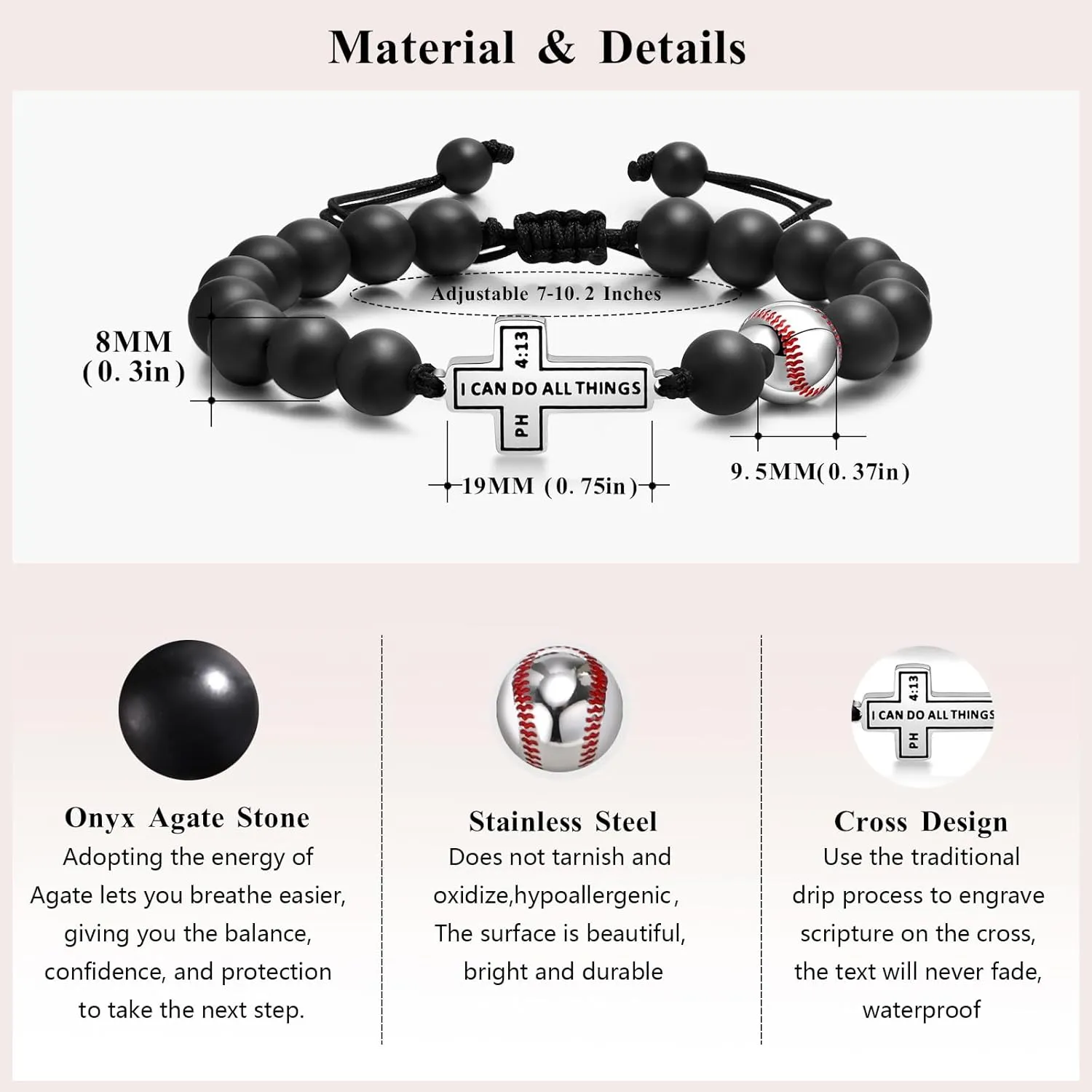 Baseball Basketball Soccer Bracelet Gifts for Men : I Can do All Things Through Christ Inspirational Cross Black Agate Beads Bracelet Jewelry Gifts Idea for Sports Player Son Grandson Team Boyfriend