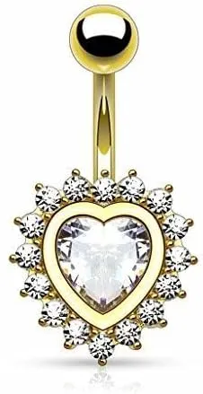 Belly Button Ring Navel Heart Shape Paved CZ Around Large Heart CZ