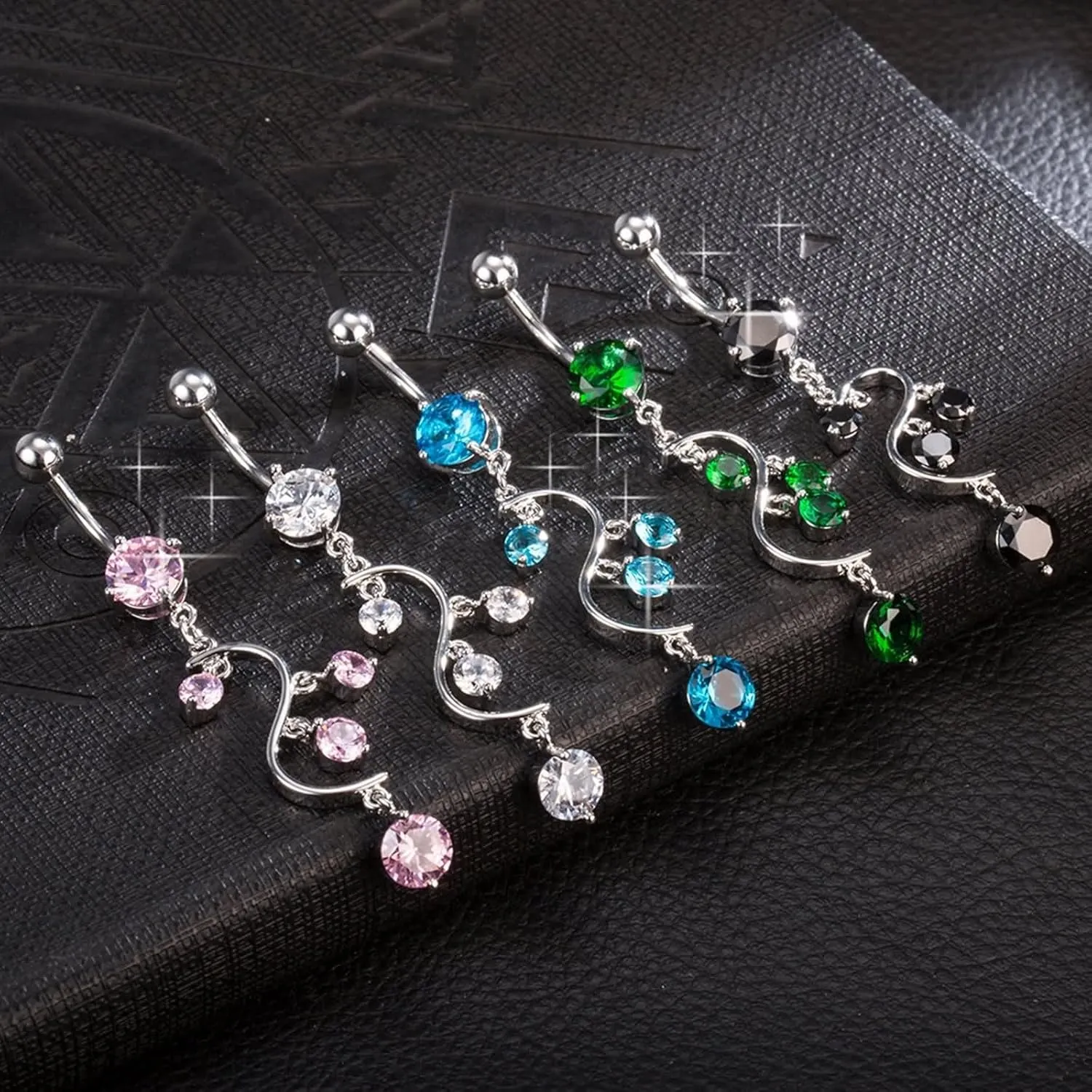 Belly Button Rings Dangle Sexy, Navel Rings for Women Surgical Steel Body Piercing Jewelry S Shape Flower with Cubic Zirconia