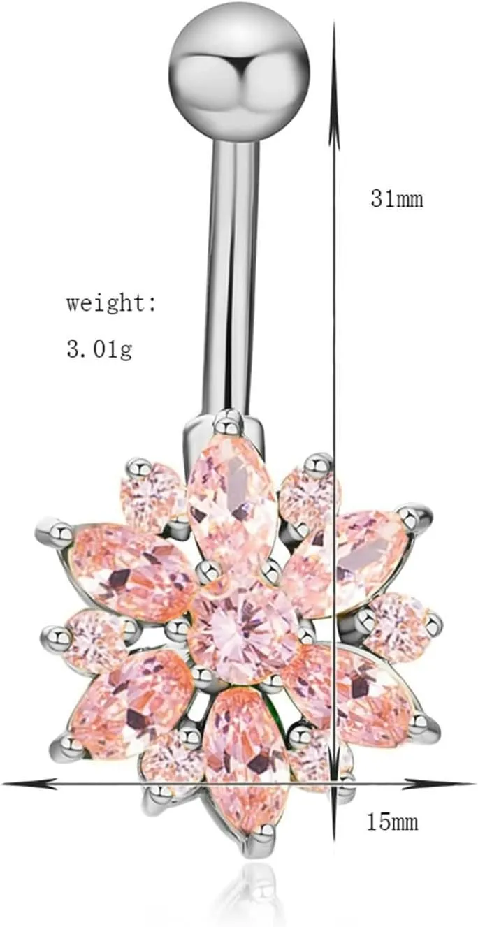 Belly Rings for Women Flower, Belly Button Rings Stainless Steel Navel Piercing Body Jewelry Cubic Zirconia