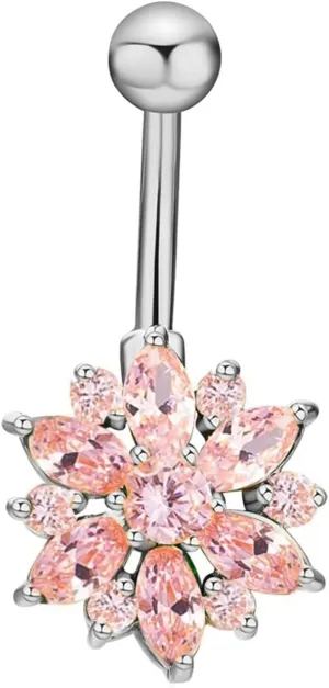 Belly Rings for Women Flower, Belly Button Rings Stainless Steel Navel Piercing Body Jewelry Cubic Zirconia
