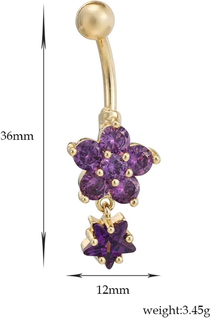 Belly Rings for Women Flower, Surgical Steel Belly Button Rings Navel Piercing Body Jewelry and Star Cubic Zirconia