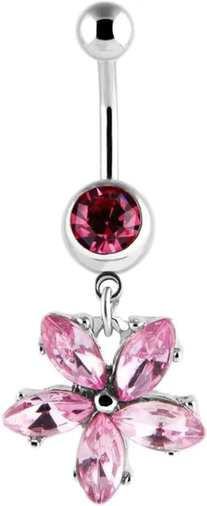 Belly Rings Jewels, Bellybuttons Rings Surgical Steel Navel Ring Stainless Steel Pink Flower with Cubic Zirconia Body Piercing