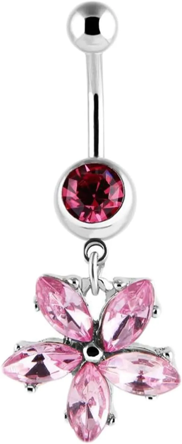 Belly Rings Jewels, Bellybuttons Rings Surgical Steel Navel Ring Stainless Steel Pink Flower with Cubic Zirconia Body Piercing