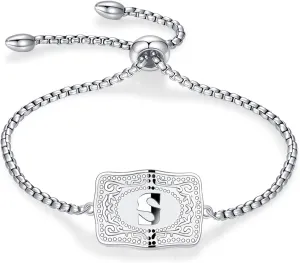 Belt Buckle Initial Bracelet for Women, 18K Gold/Silver Plated Belt Buckle Initial A-Z Bracelet, Unique Western Style Jewelry Gifts for Women Men